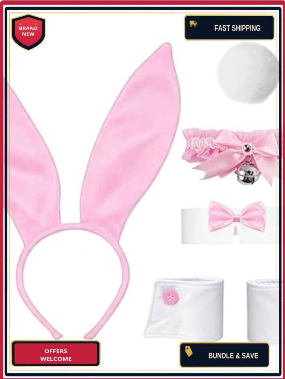 Bunny Costume Set Women Rabbit Ear Headband Tail Bow Tie Lace Neckline Knot